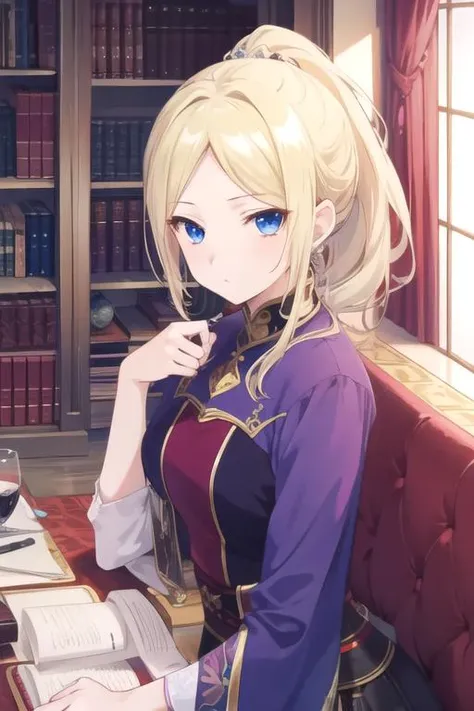 masterpiece, best quality, wallpaper, 1girl, solo, looking at viewer, , depth of field, anime coloring, , <lora:kiki_seiran:0.72>, kiki_seiran, blonde hair, blue eyes, ponytail, luxury clothing, , minaret, 4k resolution