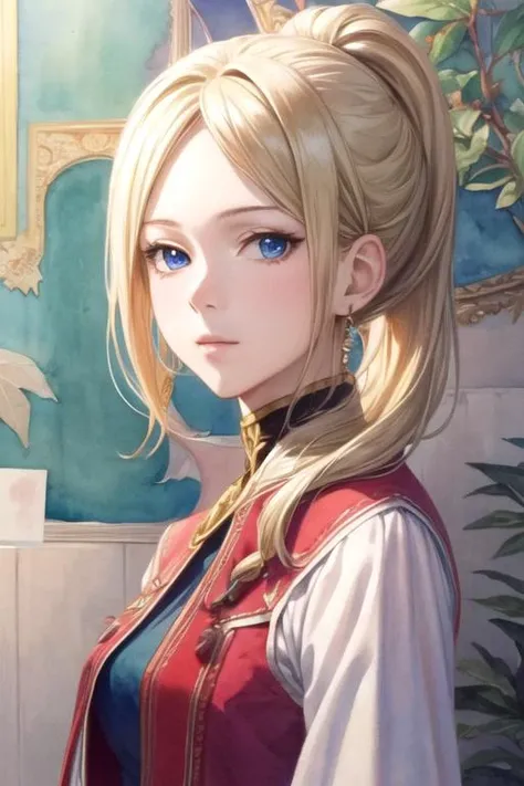 masterpiece, best quality, wallpaper, 1girl, solo, looking at viewer, upper body, , (watercolor illustration, soft pastel colors:1.1), realistic, <lora:kiki_seiran:0.76>, kiki_seiran, blonde hair, blue eyes, low ponytail, , hangar, High definition