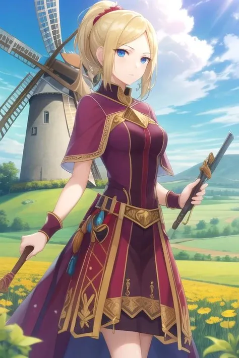 masterpiece, best quality, wallpaper, 1girl, solo, looking at viewer, , , , , <lora:kiki_seiran:0.68>, kiki_seiran, blonde hair, blue eyes, low ponytail, gypsy costume, windmill, 8k resolution
