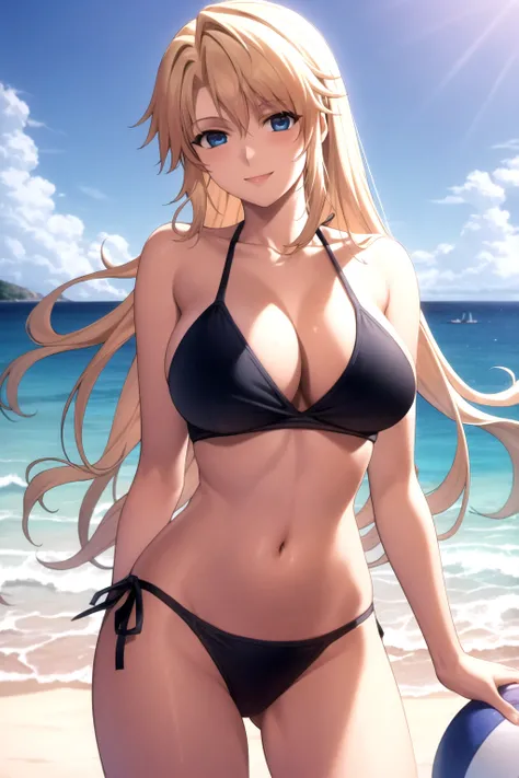 masterpiece, best quality, 1girl, satella, blonde hair, long hair, blue eyes, cowboy shot, black bikini, smile, happy, sand, sea, blue sky, beach background <lora:Satella:1>