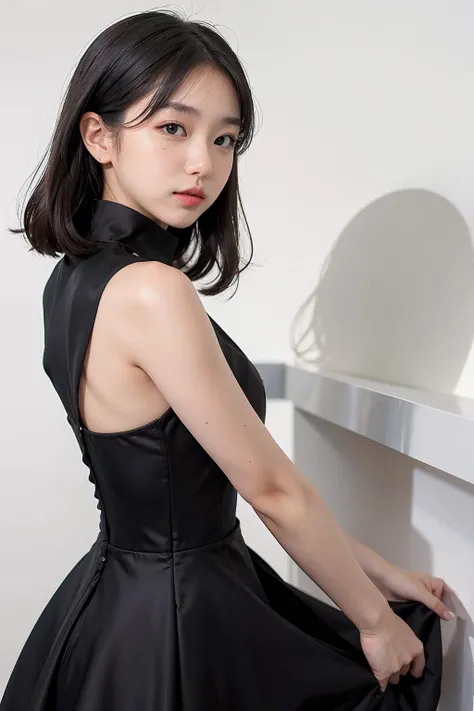 1girl, black random formal dress, white background, <lora:qiwiie-02:1>