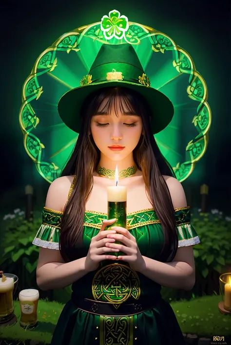 Immerse yourself in the enchanting world of Celtic mythology with a mesmerizing illustration capturing the essence of St. Patrick's Day. This intricate double-exposure artwork features a surreal portrayal of Celtic elements, including shamrocks, a golden pot, a pipe, a harp, a candle, and beer, intricately interwoven with geometric patterns. The focal point of the composition is a captivating silhouette of a girl adorned in a leprechaun costume and hat, exuding an aura of mystery and magic. the illustration achieves amazing depth and detail. With smooth, artistic brushstrokes and great masterwork, this zen painting illustration transports viewers to a realm where Celtic tradition meets contemporary artistry, 1girl, <lora:qiwiie-02:1.3>