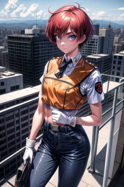 (masterpiece, best quality), 1980s \(style\), outdoors, city, rooftop, cowboy shot, 1girl, solo, IzumiNoa, IzumiNoaUniform, short sleeves, blue pants, blue eyes, white gloves, short hair, vest, <lora:IzumiNoa_V1-Manityro-Dadapt:1.0>, toned, standing, looking at viewer, hands on own thighs,