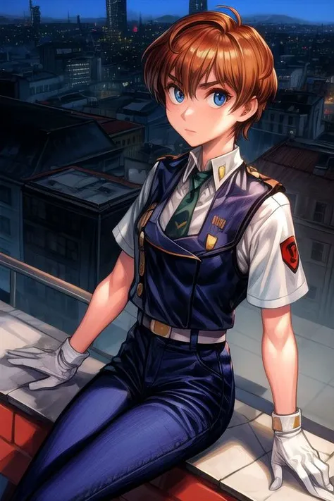 (masterpiece, best quality),  \(outdoors, city, rooftop, cowboy shot, 1girl, solo, IzumiNoa, IzumiNoaUniform, short sleeves, blue pants, blue eyes, white gloves, short hair, vest, <lora:IzumiNoa_V1-Manityro-Dadapt:1.0>, toned, standing, looking at viewer, hands on own thighs, sitting