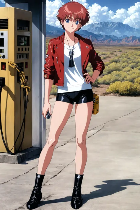 (masterpiece, best quality), anime, 1990s \(style\), outdoors, lush desert, gas station, full body, 1girl, solo, IzumiNoa, <lora:IzumiNoa_V1-Manityro-Dadapt:1.0>, looking at viewer, blue eyes, smile, leather jacket, biker shorts