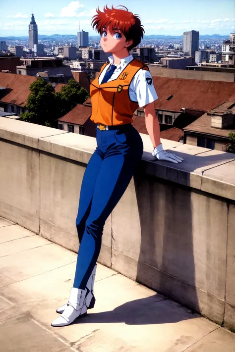 (masterpiece, best quality), 1980s \(style\), outdoors, city, rooftop, full body, 1girl, solo, IzumiNoa, IzumiNoaUniform, short sleeves, blue pants, blue eyes, white gloves, short hair, vest, <lora:IzumiNoa_V1-Manityro-Dadapt:1.0>, toned, standing, from side, looking at viewer, hands on own thighs,