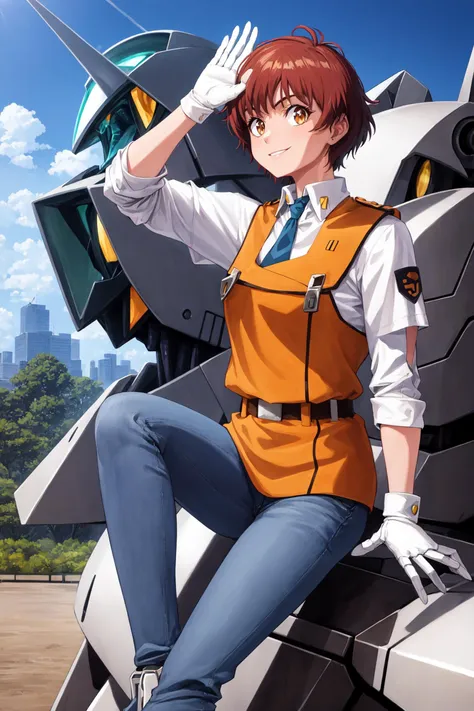 (masterpiece, best quality), anime, 1990s \(style\), outdoors, futuristic city, park, cowboy shot, 1girl, solo, IzumiNoa, <lora:IzumiNoa_V1-Manityro-Dadapt:1.0>, sitting on robot, (robot mecha, mecha, robot), looking at viewer, IzumiNoaUniform, brown eyes, pants, white gloves, short hair, vest, waving, smile