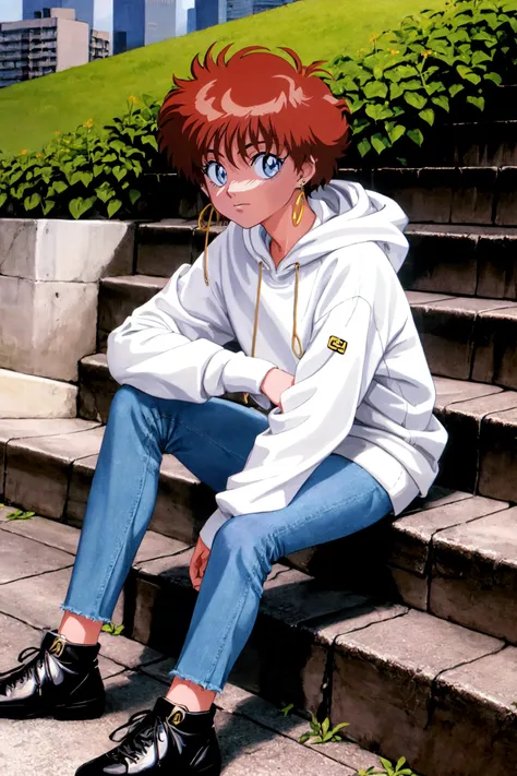 (masterpiece, best quality), (anime, 1990s \(style\)), outdoors, futuristic city, park, cowboy shot, 1girl, solo, IzumiNoa, <lora:IzumiNoa_V1-Manityro-Dadapt:1.0>, sitting on stairs, looking at viewer, denim jeans, white hoodie, black footwear, earbuds,