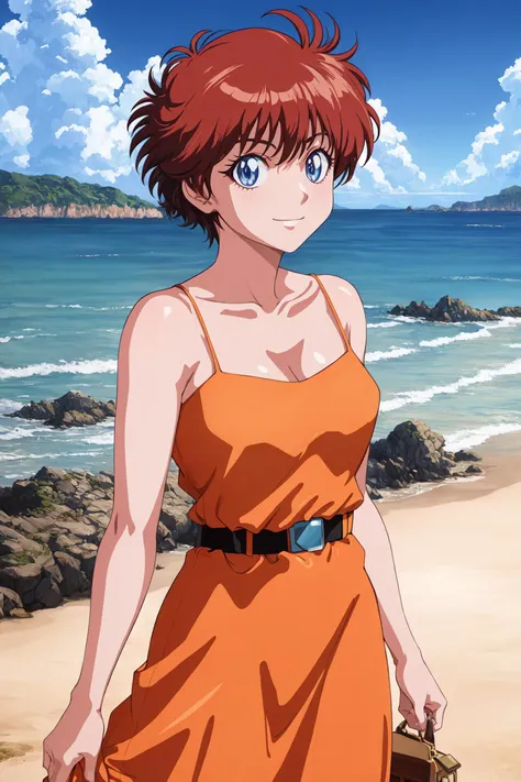 (masterpiece, best quality), anime, 1990s \(style\), outdoors, futuristic city, beach, cowboy shot, 1girl, solo, IzumiNoa, <lora:IzumiNoa_V1-Manityro-Dadapt:1.0>, looking at viewer, blue eyes, smile, orange dress