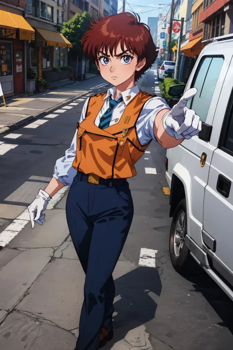 masterpiece, best quality, IzumiNoa, anime, 1990s \(style\), IzumiNoaUniform, pants, white gloves, vest, city street, looking at viewer, serious, furrowed brow, pointing, dynamic pose <lora:IzumiNoa_V1-Manityro-Dadapt:1>