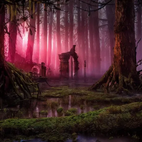 (masterpiece:1.2), (best quality,:1.2), 8k, HDR, ultra detailed, ((photorealistic)), professional light, cinematic lighting, fashion photography, ambient lighting, sinister fantasy ruins in a dangerous swamp, trees covered with moss, magical lights, <lora:detail_slider_v4:3>, FanSwa, <lora:FantasySwamps-10:1>, ((perfect hands)), epiCPhoto