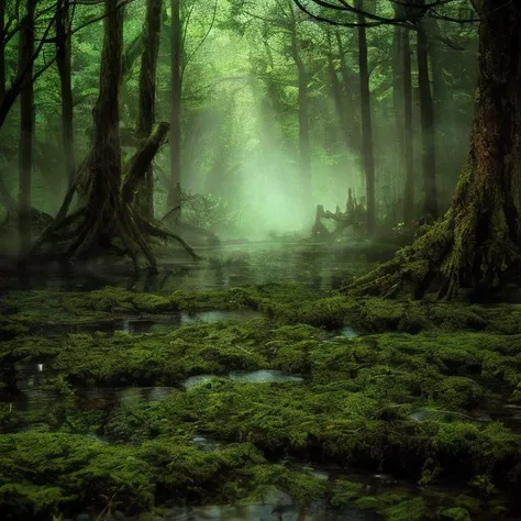 (masterpiece:1.2), (best quality,:1.2), 8k, HDR, ultra detailed, ((photorealistic)), professional light, cinematic lighting, fashion photography, ambient lighting, an evil ruin in a sinister swamp, in the middle of trees covered with moss, <lora:detail_slider_v4:3>, FanSwa, <lora:FantasySwamps-10:1>, ((perfect hands)), epiCPhoto