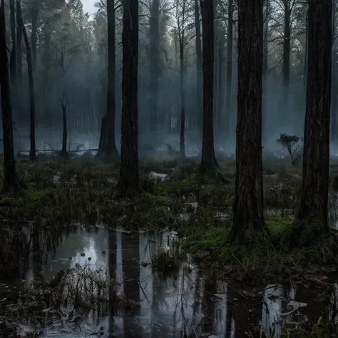 (masterpiece:1.2), (best quality,:1.2), 8k, HDR, ultra detailed, ((photorealistic)), professional light, cinematic lighting, fashion photography, ambient lighting, a sinister swamp with dead trees, <lora:detail_slider_v4:3>, FanSwa, <lora:FantasySwamps-10:0.7>, ((perfect hands)), epiCPhoto