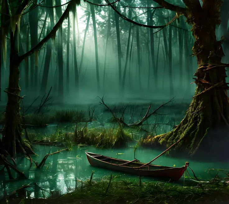 (masterpiece:1.2), (best quality,:1.2), 8k, HDR, ultra detailed, ((photorealistic)), professional light, cinematic lighting, fashion photography, ambient lighting, a small boat in a dangerous swamp, dead trees, fog, <lora:detail_slider_v4:3>, FanSwa, <lora:FantasySwamps-10:1>, ((perfect hands)), epiCPhoto