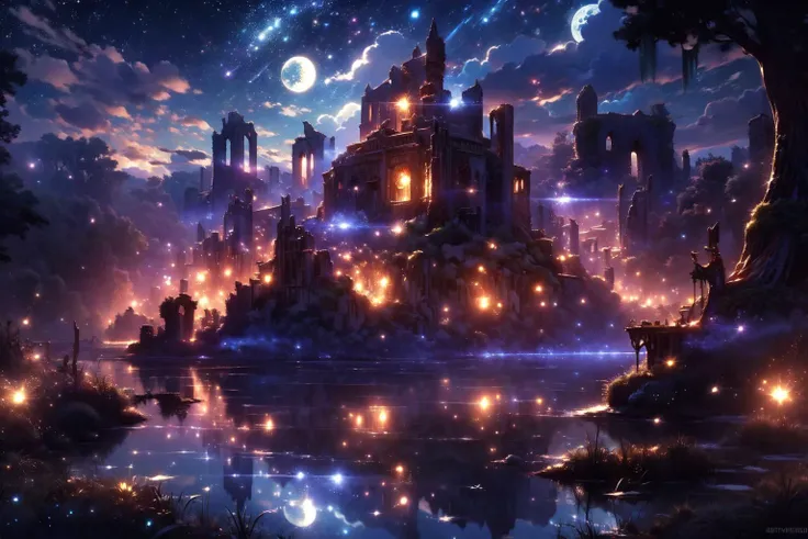 <lora:FantasySwamps:1>, FanSwa, Lively, night:1.15, soft light, fantasy ruins in a dangerous swamp, trees, forest, magical lights, a small and winding path to the ruins,
(masterpiece:1.2), (best quality,:1.2), 8k, HDR, ultra detailed, ((photorealistic)), professional light, cinematic lighting, fashion photography, ambient lighting, fantasy,
<lora:Night scene_20230715120543:0.7>, cozy , starry sky , star , moon ,<lora:magic particles ãã©ãã©ã¨ãã§ã¯ã v1:0.75>, magic particles, magic circle, magic aura,