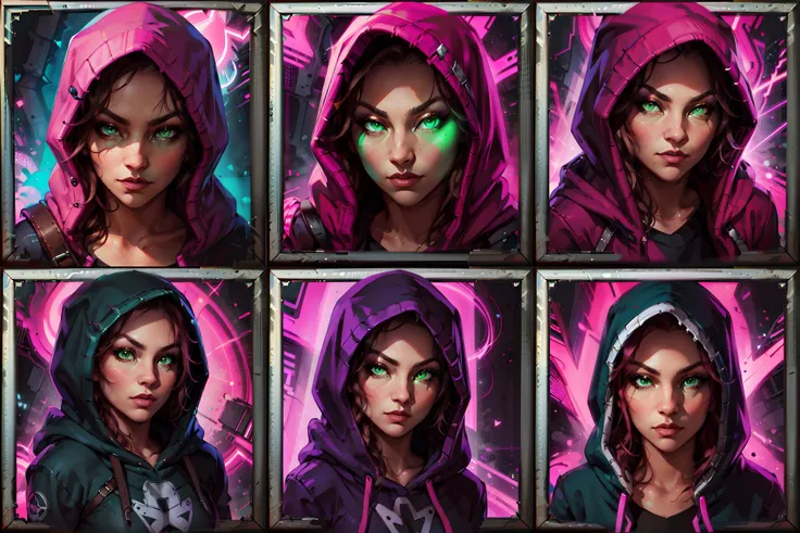 wowicon portrait of rogue girl, hood up, green eyes, pink glow, <lora:sxz-wowicons-v5-100:0.75>