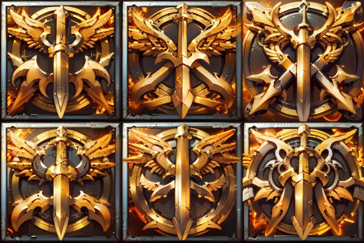 wowicon of golden sword with golden wings, round grey token, orange glow, bokeh <lora:sxz-wowicons-v5-100:0.8>