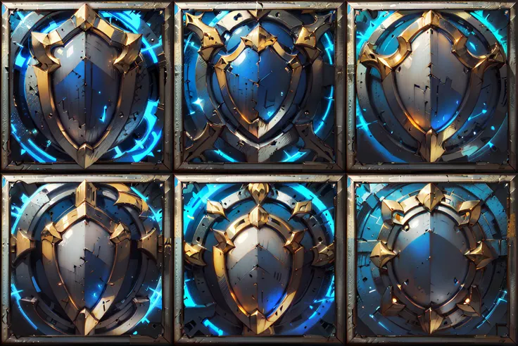 wowicon of grey metal shield with golden edging, crack, blue circles, blue glow <lora:sxz-wowicons-v5-100:0.8>