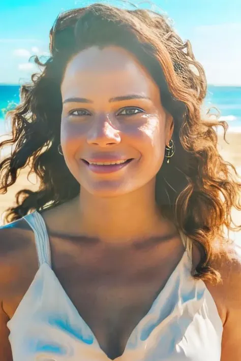 photo of lea woman,solo, wearing dress at the beach, medium shot, perfect face, detailed face, Bright lighting. Photo real. Photorealistic. High resolution. UHD. 8K. Ultra High Definition. High Quality. <lora:LeandraLeal-000001:1>
