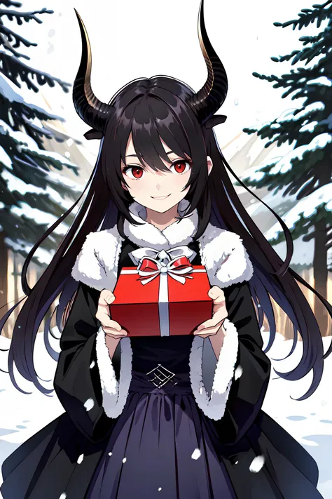 <lyco:ForteV1:0.7> solo, horns, red eyes, long hair, black hair, forest, snow, snowing, christmas tree, holding gift box, embarrassed, smile, squinting, masterpiece, best quality, highres, <lora:GoodHands-vanilla:1> nice hands, perfect hands