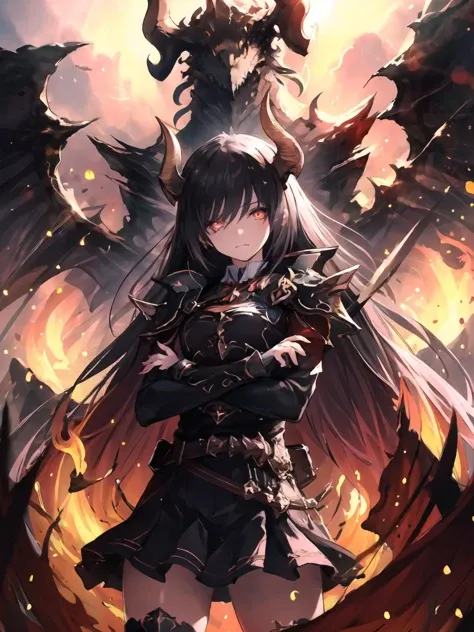 masterpiece,best quality,highres,cinematic lighting,dramatic angle,1girl,<lora:ForteV13-000030:0.8>,black hair,horns,red eyes,long hair,black armor,thighhighs,skirt,looking at viewer,serious,skirt,cape,fire,symbol-shaped pupils,portrait,arms crossed,crossed arms,from below,glowing eyes,shaded face,depth of field,dragon in the background,close-up