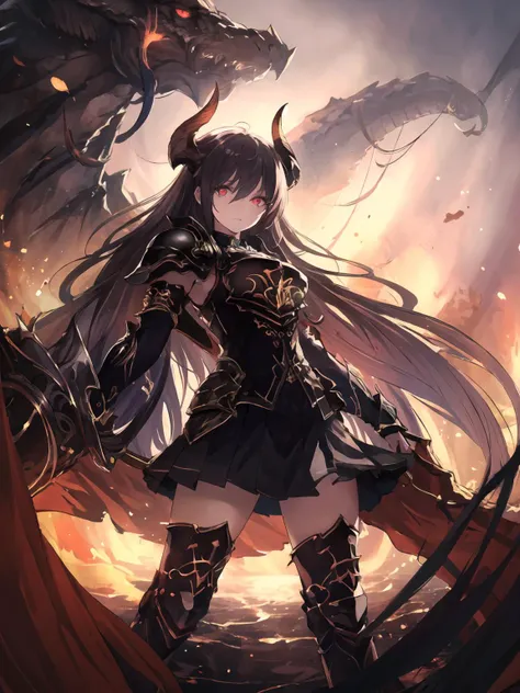 masterpiece,best quality,highres,cinematic lighting,dramatic angle,1girl,<lora:ForteV13-000030:0.8>,black hair,horns,red eyes,long hair,black armor,thighhighs,skirt,looking at viewer,serious,skirt,cape,fire,symbol-shaped pupils,portrait,arms crossed,crossed arms,from below,glowing eyes,shaded face,depth of field,dragon in the background,close-up