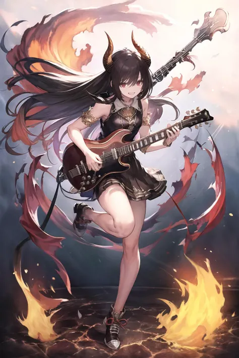 <lyco:ForteV1:0.9> solo, horns, red eyes, long hair, black hair, floating hair, <lora:gotou_hitori_v1:0.7> holding instrument, guitar, smile, fire, tooth, full body,, masterpiece, best quality, highres,, <lora:GoodHands-vanilla:1> nice hands, perfect hands