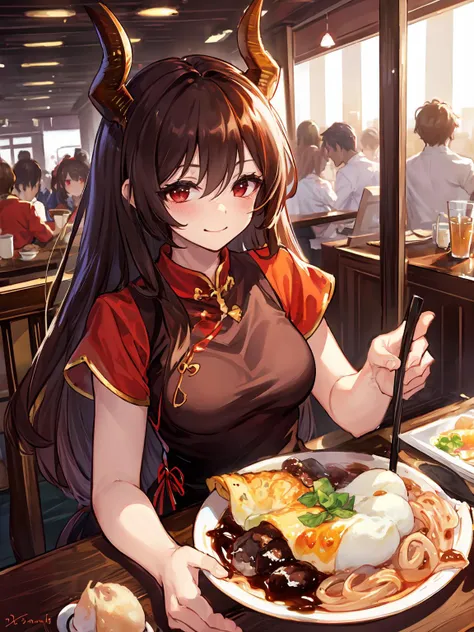 masterpiece,best quality,highres,1girl,<lora:ForteV2:0.75>,horns,looking at viewer,portrait,skindentation,red eyes,cheongsam,embarrassed,shy,blush,happy,crowd,restaurant,sitting across table,foods,<lora:CommonTaiwaneseFood_24:0.5>,bawan,beef noodle soup,braised pork rice,bubble tea in paper cup,guabao,millet mochi,oyster omelet,oyster vermicelli,pan fried buns