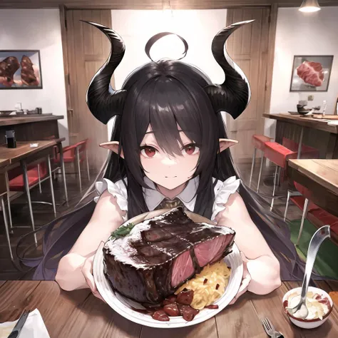 <lyco:ForteV1:0.8> solo, horns, red eyes, long hair, black hair, floating hair, wooden table, wooden floor, wooden chair, food, pot, meat, looking at viewer, upper body, fork, too many food, knife, pov, masterpiece, best quality, highres,, <lora:GoodHands-vanilla:1> nice hands, perfect hands