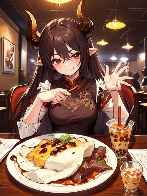 masterpiece,best quality,highres,1girl,<lora:ForteV2:0.75>,horns,looking at viewer,portrait,skindentation,red eyes,cheongsam,embarrassed,shy,blush,happy,crowd,restaurant,sitting across table,foods,<lora:CommonTaiwaneseFood_24:0.5>,bawan,beef noodle soup,braised pork rice,bubble tea in paper cup,guabao,millet mochi,oyster omelet,oyster vermicelli,pan fried buns