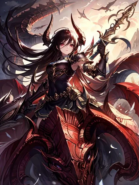 masterpiece,best quality,highres,1girl,<lora:ForteV2:0.7> ,horns,red eyes,armor,from below,dual wielding,white lance,black lance,holding,weapon,looking at viewer,dragon,riding on dragon,riding