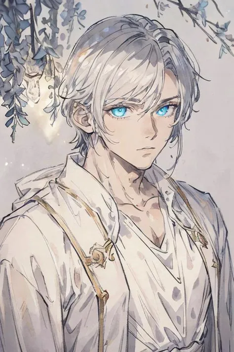 realistic, masterpiece, best quality, colorful,(finely detailed beautiful eyes and detailed face),nature lighting, extremely detailed CG unity 8k wallpaper,
1boy, muscular male, portrait,
Clothes: white robe,
Appearance: silver hair , light colored pupils, handsome,
background: simple background,