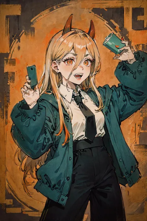 <lora:csm_power-13:1> power \(csm\),sharp teeth,symbol-shaped pupils,cross-shaped pupils,blue jacket,collared shirt,black necktie,black pants, colorful, darl background,green theme,exposure blend, closeup portrait, bokeh, (hdr:1.4), high contrast, (cinematic, teal and orange:0.85), (muted colors, dim colors, soothing tones:1.3), low saturation,posing,smile,happy,laughing,