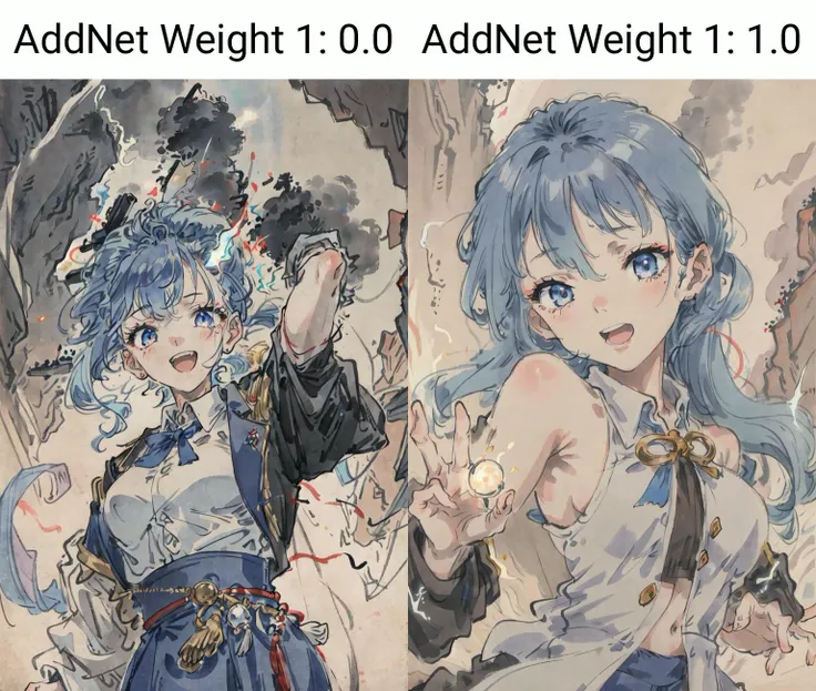 masterpiece, best quality, absurdres, cinematic lighting, (upper body, close up), 1girl, solo, light blue hair, multicolored hair, medium breasts, arm up, black jacket, open jacket, collared shirt, open mouth, laughing, light particles, lightning, electricity, thunder