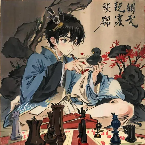 bishounen,very short hair,1 japanese boy man play chess,short hair,fabulous,chessboard,short hair,black hair,seal impression, japanese characters,japanese clothes