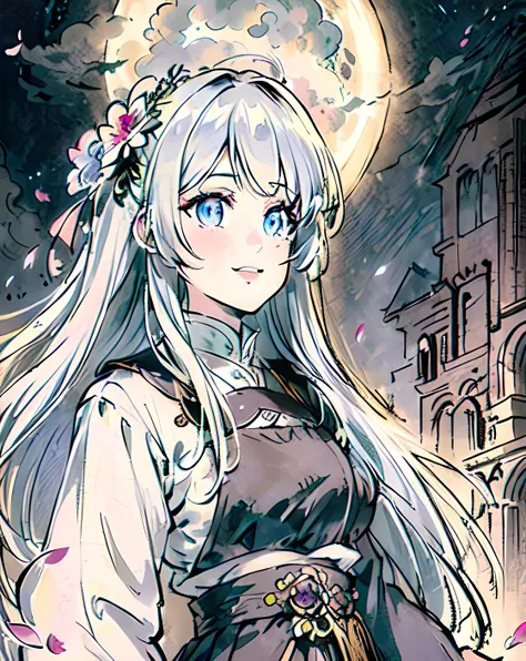 masterpiece, best quality, 1girl, (colorful),(finely detailed beautiful eyes and detailed face),cinematic lighting,bust shot,extremely detailed CG unity 8k wallpaper,white hair,solo,smile,intricate skirt,((flying petal)),(Flowery meadow) sky, cloudy_sky, building, moonlight, moon, night, (dark theme:1.3), light, fantasy,