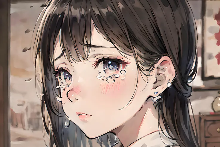 masterpiece, best quality, beautiful woman, a little bit of tears, detailed face, detailed eyes, (close up:1.2), dawn, from side, shirt, looking at viewer, drak room, (blur:1.4), a low chroma, dark gradation background