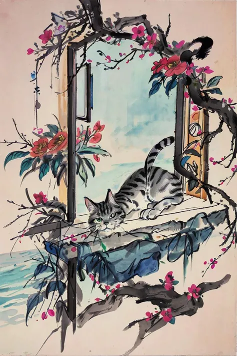 a cat on a windowsill, flowers, view of the sea