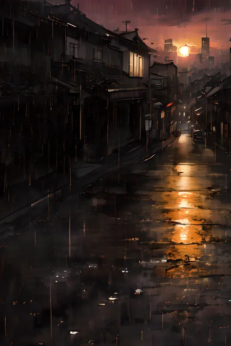 masterpiece, best quality, city, raining, sunset, a high chroma, dark gradation background