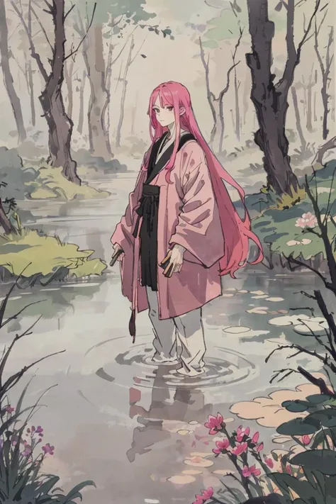 portrait of a man with long pink hair, standing in a pond, in a flowery forest
