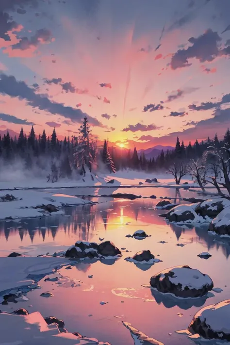 a pink sunrise over an icy landscape