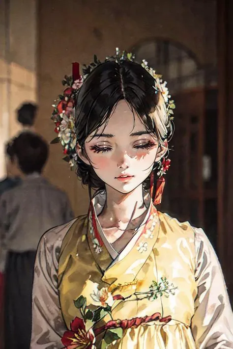 masterpiece,best quality,illustration,beautiful detailed glow,1 girl,detailed face,<lora:hanbok_w_v10:1>,hanbok,Various flowers,