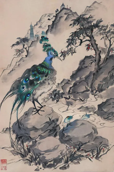 a peacock on a stone wall, castle background