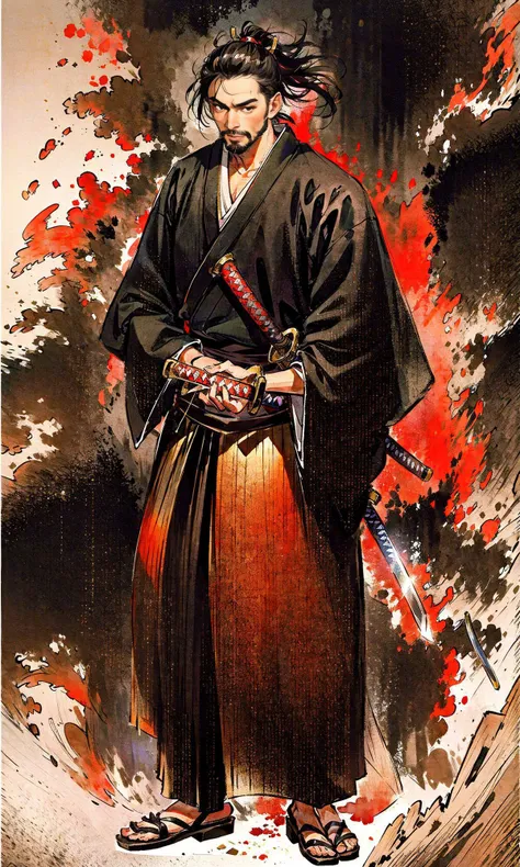 1boy,best quality, ultra high res, 8k, RAW photo, best quality, masterpiece:1.2), ultra-detailed,masterpiece,low head, watercolor effect, solo, male focus, weapon, 1boy, sword, japanese clothes, hakama, katana, facial hair, hakama skirt, white background, samurai, sheath, full body, simple background, sheathed, black hakama, haori, kimono, beard, standing, skirt, black hair, sandals, tabi, long sleeves,Two samurai swords,