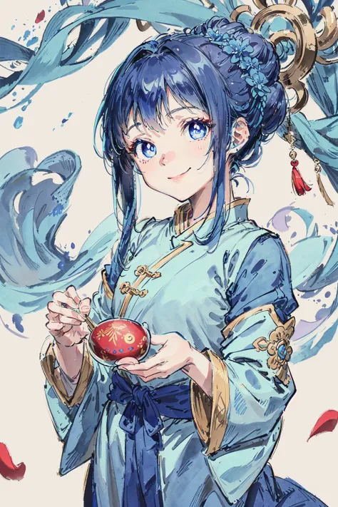 ru_qun, hanfu, best quality, masterpiece, extremely detailed, anime, 1girl, short girl, (blue hair, blue eyes:1.4), long hair, smile, tulle clothes, silk clothes, embroidery accessory, chinese knots, happy, smile, closed mouth, blue flower vines, gems, gold accessory,