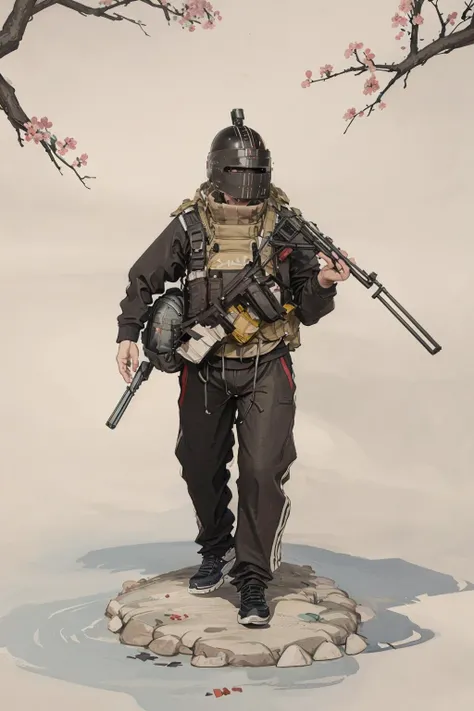 shuimobysim, <lora:killaEscapeFromTarkov_v10:1>, killa, 1man, best quality, ultra high res, gun, rifle, black tracksuit, helmet, sakura blossoms, tree, river, mountains