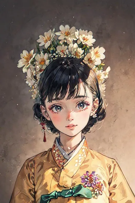 masterpiece,best quality,illustration,beautiful detailed glow,1 girl,detailed face,<lora:hanbok_w_v10:1>,hanbok,Various flowers,