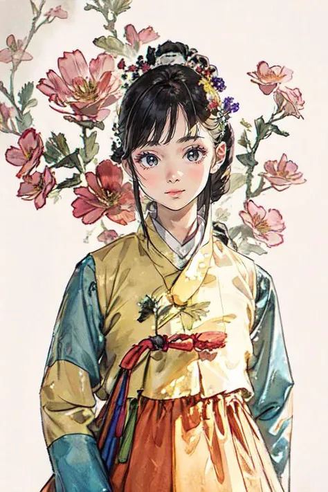 masterpiece,best quality,illustration,beautiful detailed glow,1 girl,detailed face,<lora:hanbok_w_v10:1>,hanbok,Various flowers,