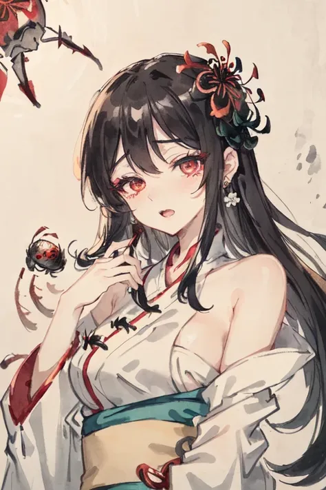 ((highres)), (open mouth),(((bust))),(((masterpiece))),(((best quality))),((ultra-detailed))((extremely detailed CG)),((8k_wallpaper)),dynamic angle,floating, (beautiful detailed eyes),an extremely delicate and beautiful girl,upper body,ink wash painting,(Chinese wind),black eyes,burning,detailed light.from_below,(black hair),(red spider lily:1.33),aqua eyes,(hair flower:1.3),bloom,single,starry sky,hair ornament, earrings, jewelry, very long hair, messy hair, bare shoulders, half closed eyes,bloom,(((Chivalrous))),fairy,(hanfu:1.3),(medium breast:1.2),(eyeshadow,red eyeliner:1.15),(eyes visible through hair:1.2),((solo)),red moon,