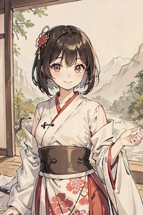 (masterpiece),best quality,good anatomy, shuimobysim,(1 girl:1), (upper body),(smile),short hair,(hanfu),(ecchi0.5), (trees:0.5), (flowers:0.6) ,(wooden house:0.2),(bamboo forest:0.2),(creek:0.2),(river:0.2), (shuimobysim:1.2), wuchangshuo, zhenbanqiao